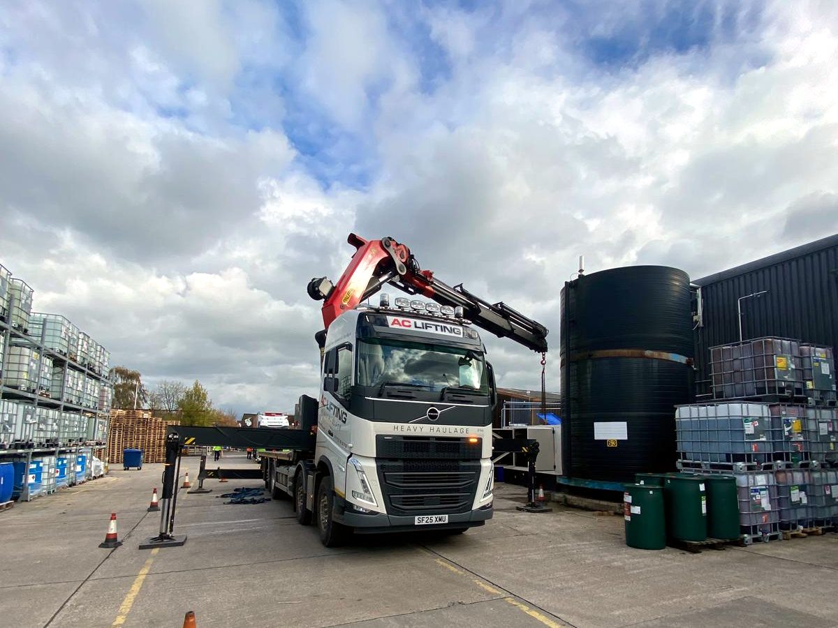 AC Lifting depot yard with HIAB fleet and working equipment.
